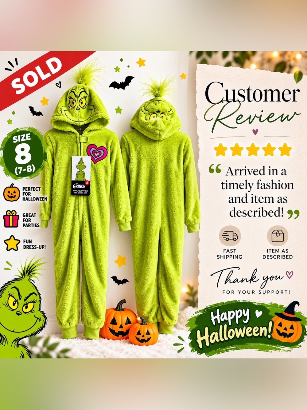 👻 🎃Kids The Grinch Halloween Costume Hooded Jumpsuit Size 8 NWT